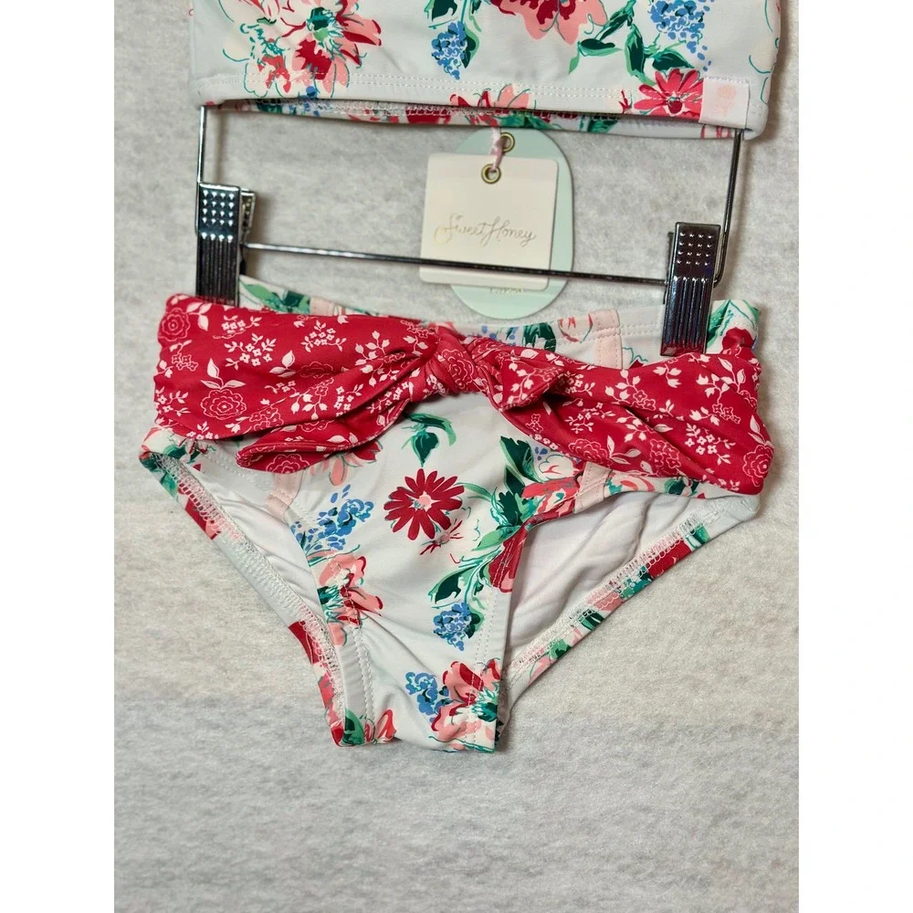 SweetHoney Girls Floral Ruffle Two Piece Swimsuit Bikini Set Red White Blue 3T